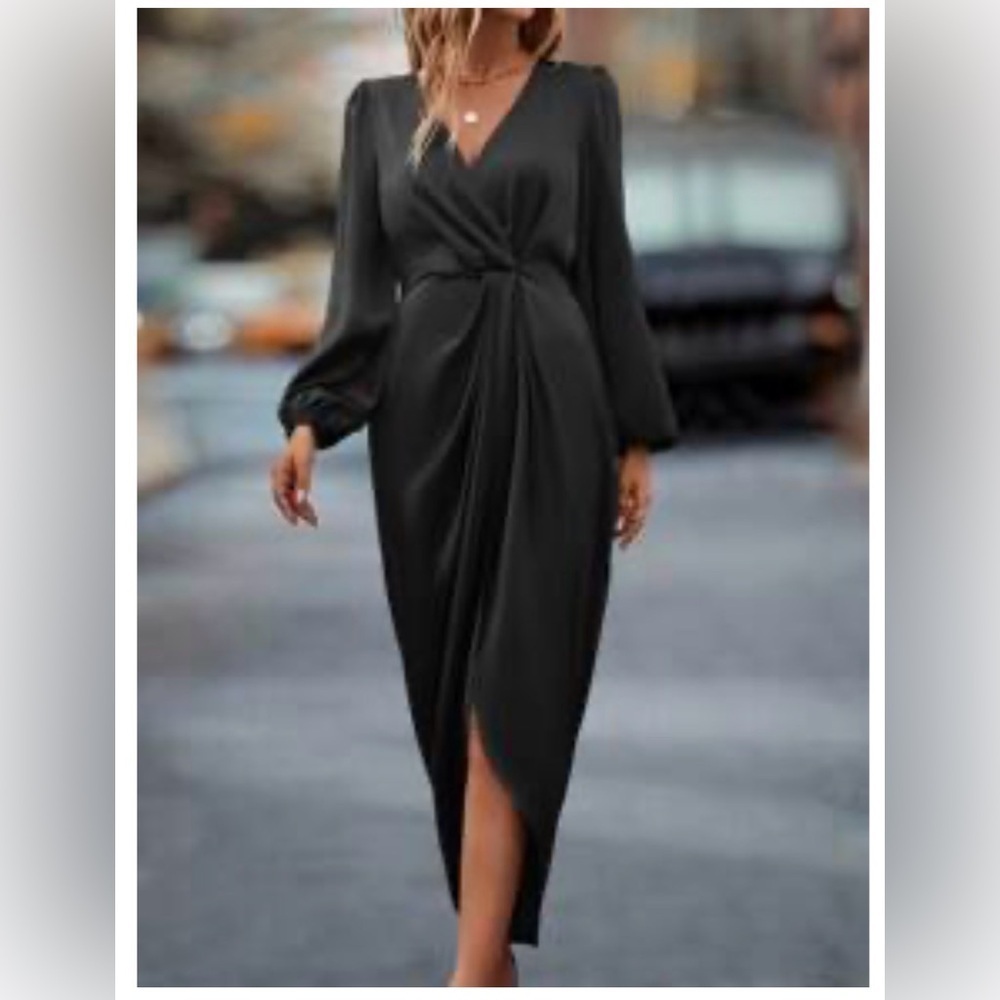 Classic Black Dress Size Small Elegant Sleek Long Sleeve V Cross Front NWOT